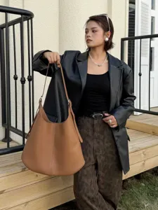Genuine Cowhide Leather Tote Bag For Women Large Capacity Casual Hobo Shoulder Bag Vintage Soft Leather Handbag Daily Commuting