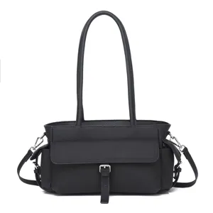 Black leather handbag women top handle tote bag multi-pocket commute shoulder bag casual