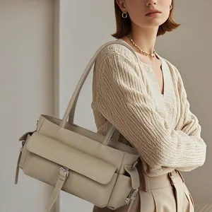 Women's top-layer cowhide leather shoulder bag multi-layer partition casual handbag grey