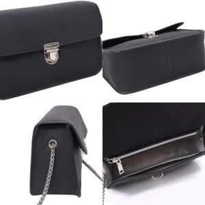 Black pebbled leather shoulder bag with metallic push lock and chain strap for women fashion.