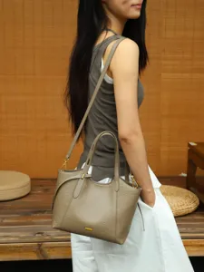 Grey leather tote bag for women, vintage style casual shoulder bag, stylish daily handbag.