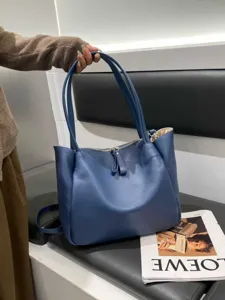 Large Capacity Soft Leather Tote Bag For Women Casual Commuter Shoulder Bag Vintage Solid Color Stylish Handbag