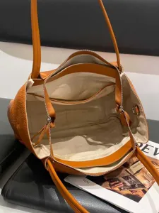 Women's large capacity soft leather tote bag stylish orange commuter shoulder handbag