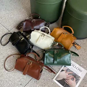 Vintage genuine leather Boston shoulder bag, top cowhide casual handbag, retro women pillow bag.
