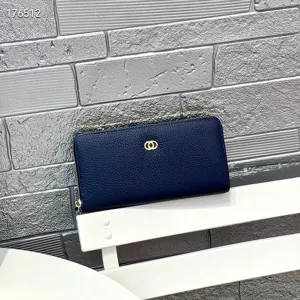 Genuine leather long wallet for women large capacity navy blue zip around purse with card slots