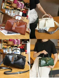 Genuine leather Boston handbag detail showcase, classic pillow bag design with versatile straps.