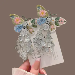 Pinza para Cabello de Mariposa de Aleación y Tela de Estilo Neochino Borla Larga Color Plata Pinza Caimán Accesorio para el Cabello Bordado Étnico para Mujer
