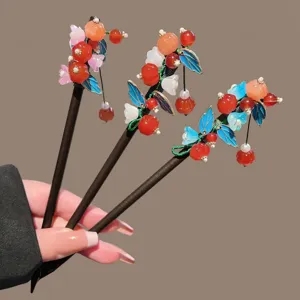Neo-Chinese Vintage Wooden Hair Stick Elegant Persimmon Tassel Hairpin Flower Resin Bead Dangle Drop Step Shake Hanfu Cheongsam Hair Accessories For Women