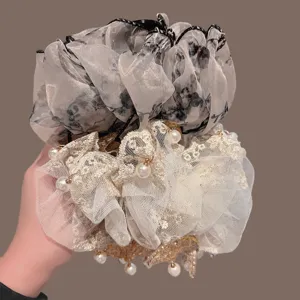 New Chinese Style Mesh Gauze Folding Fan Hair Claw Clip Long Tassel Dangle Artificial Pearl Elegant Headwear Hair Accessories For Women