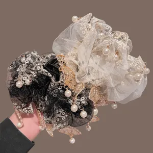 New Chinese style folding fan hair claw clip with pearls lace mesh tassel elegant hair accessory