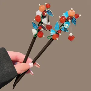 Chinese traditional wooden hairpins red persimmon Hanfu hair accessories for women elegant