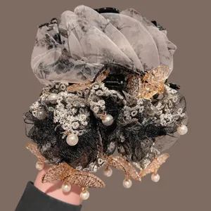 New Chinese style hair claw clip with black lace, tulle, pearls and golden fan charms for women