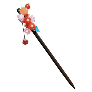 Chinese style wooden hair stick with red persimmon flower design for Hanfu cheongsam.