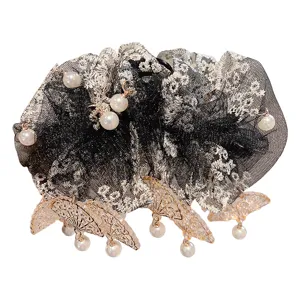 New Chinese style black lace hair scrunchie with gold folding fan charms and faux pearls.
