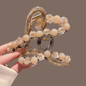 Korean style flower hair claw with pearls, elegant large hair accessory for women updos