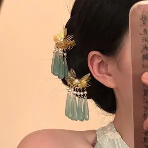 Elegant Chinese style gold butterfly hair comb with pearls and green dangles for Hanfu daily.