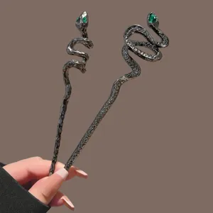 Gothic vintage metal snake hair stick green crystal eyes minimalist hair fork bun maker