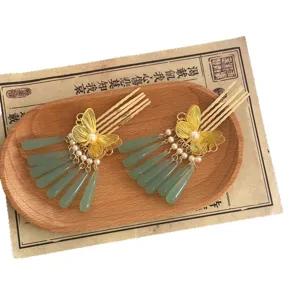 Chinese vintage style gold butterfly pearl tassel hair comb antique hanfu hair accessories
