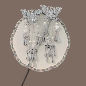 Vintage New Chinese Style Butterfly Crescent Moon Tassel Hair Clip Miao Silver Alloy Artificial Pearl Hairpin Headwear For Women Hanfu Qipao