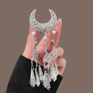 Traditional Chinese style silver hair clip with elegant moon and tassel dangles for Hanfu.