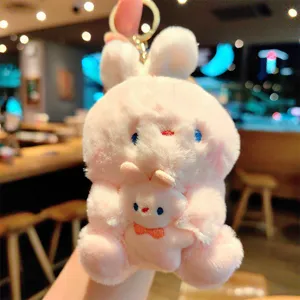 Cute pink plush bunny keychain fluffy rabbit bag charm soft toy gift accessory for keys
