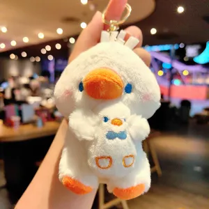 Cute white plush duck keychain pendant, soft animal bag charm and car key accessory for gift.