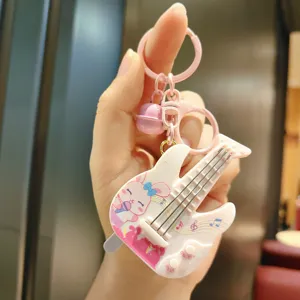 Cute cartoon animal guitar keychain mini music toy bag pendant car key ring gift accessory
