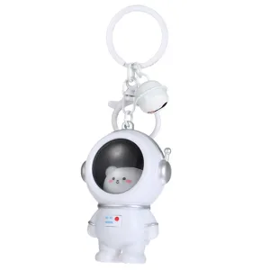 Close-up detail of the cute white astronaut keychain featuring a lovely small bear inside.