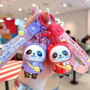 Cute cartoon panda keychain colorful electroplated doll bag pendant key chain accessory gift.