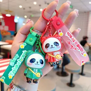 Cute electroplated colorful panda keychain with strap and mini duck bag for bags and gifts.