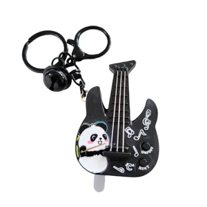 Cute panda guitar keychain with music toy buttons and bell, black bag pendant charm.
