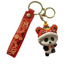 Joli porte-clés panda style chinois, chapeau de danse du lion, sangle rouge, pendentif.