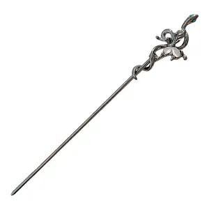 Vintage silver snake hairpin with butterfly and green eyes for elegant hairstyles.