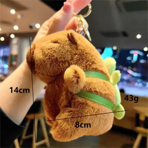 Cute sleeping capybara plush keychain with small turtle backpack pendant, soft toy 14cm.