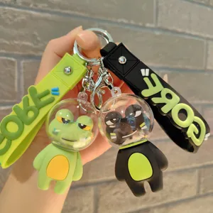 Space frog keychain detail shot featuring cute silicone doll pendant and metal ring.