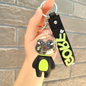 Cute cartoon space frog keychain with transparent capsule design, detail view of bag pendant.