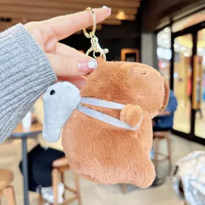 Close-up of cute plush capybara keychain with wing backpack, soft texture, detail view.