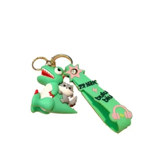 Cute cartoon dinosaur PVC keychain with wolf doll pendant, fashionable car key ring accessory.