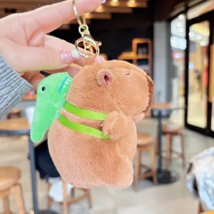 Cute capybara plush keychain with small turtle backpack, soft fluffy animal bag charm pendant.