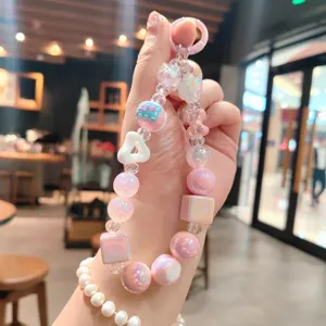 Creative acrylic beaded keychain cute pink phone charm lovely bag pendant accessories for women