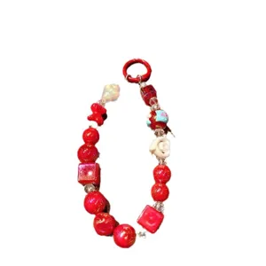 Red Beaded Keychain Bag Charm Aesthetic Phone Lanyard Cute Key Ring Accessories