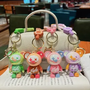Cute electroplated cartoon bear keychain bag pendant colorful metal key ring accessory
