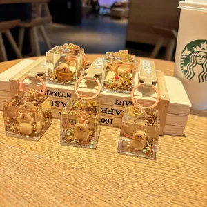 Cute capybara liquid acrylic keychain glitter floating bag charm lovely gift keyring accessories