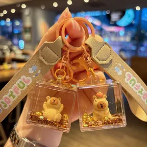 Cute Capybara Quicksand Keychain Acrylic Liquid Oil Floating Bottle Bag Pendant Cartoon Schoolbag Key Chain Gift
