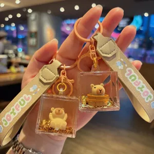 Cute capybara liquid floating acrylic keychain detail view, perfect backpack bag charm gift.
