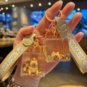 Cute Capybara liquid quicksand keychain acrylic cube bag pendant accessory gift toy charm.