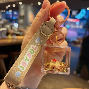 Cute capybara liquid keychain with acrylic square bottle and joyful leather strap detail.