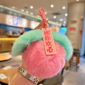 Lindo llavero de peluche de melocotón esponjoso fruta bolso colgante suave anillo regalo encantador