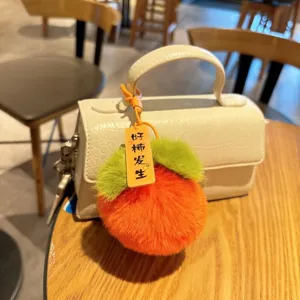 Llavero de peluche con forma de caqui, hoja verde y bola naranja, hermoso colgante de bolso.