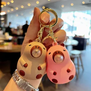 Cute capybara keychain cartoon blowing bubbles pendant car key ring decompression toy